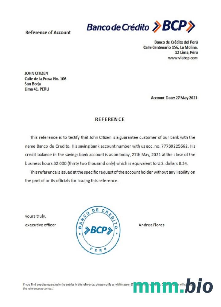 Przykład odniesienia Peru Banco de Credito w formatach Word i PDF